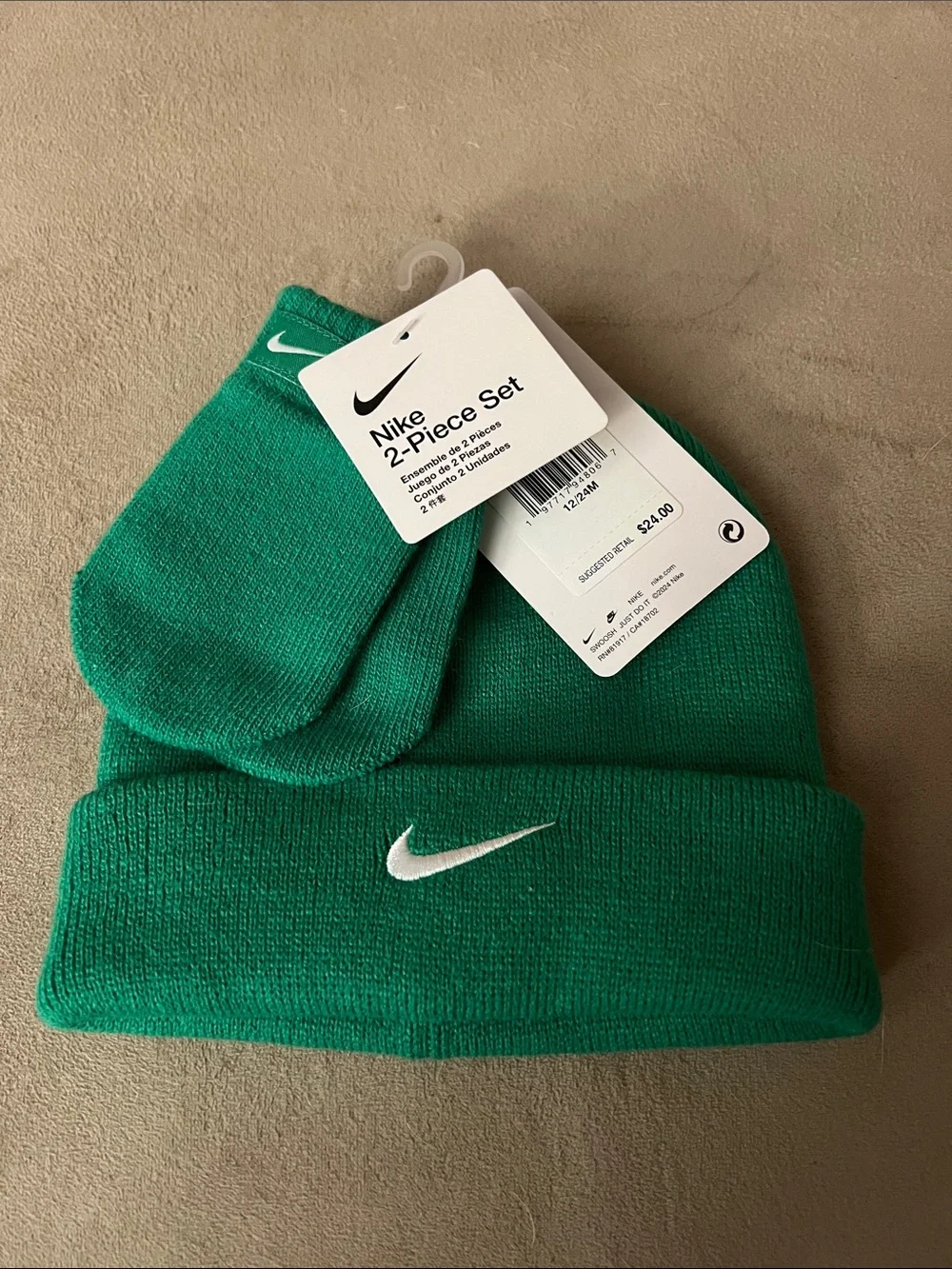 Nike Kids Green Knit Beanie and Mittens Set